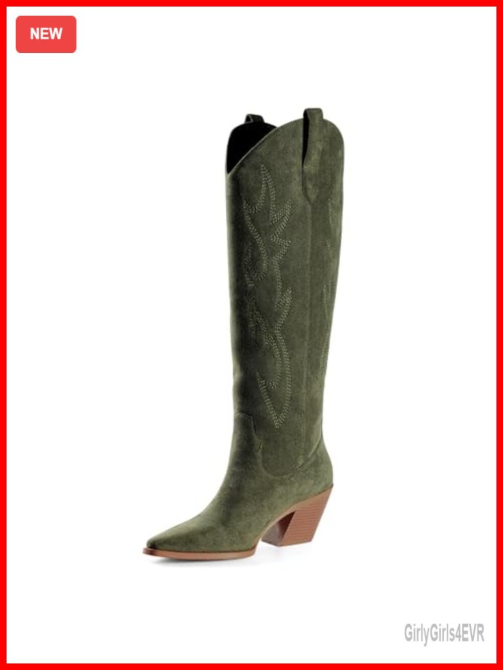 Knee High Cowboy Boots Pointed Toe Block Heel Faux Suede Western Embroidered